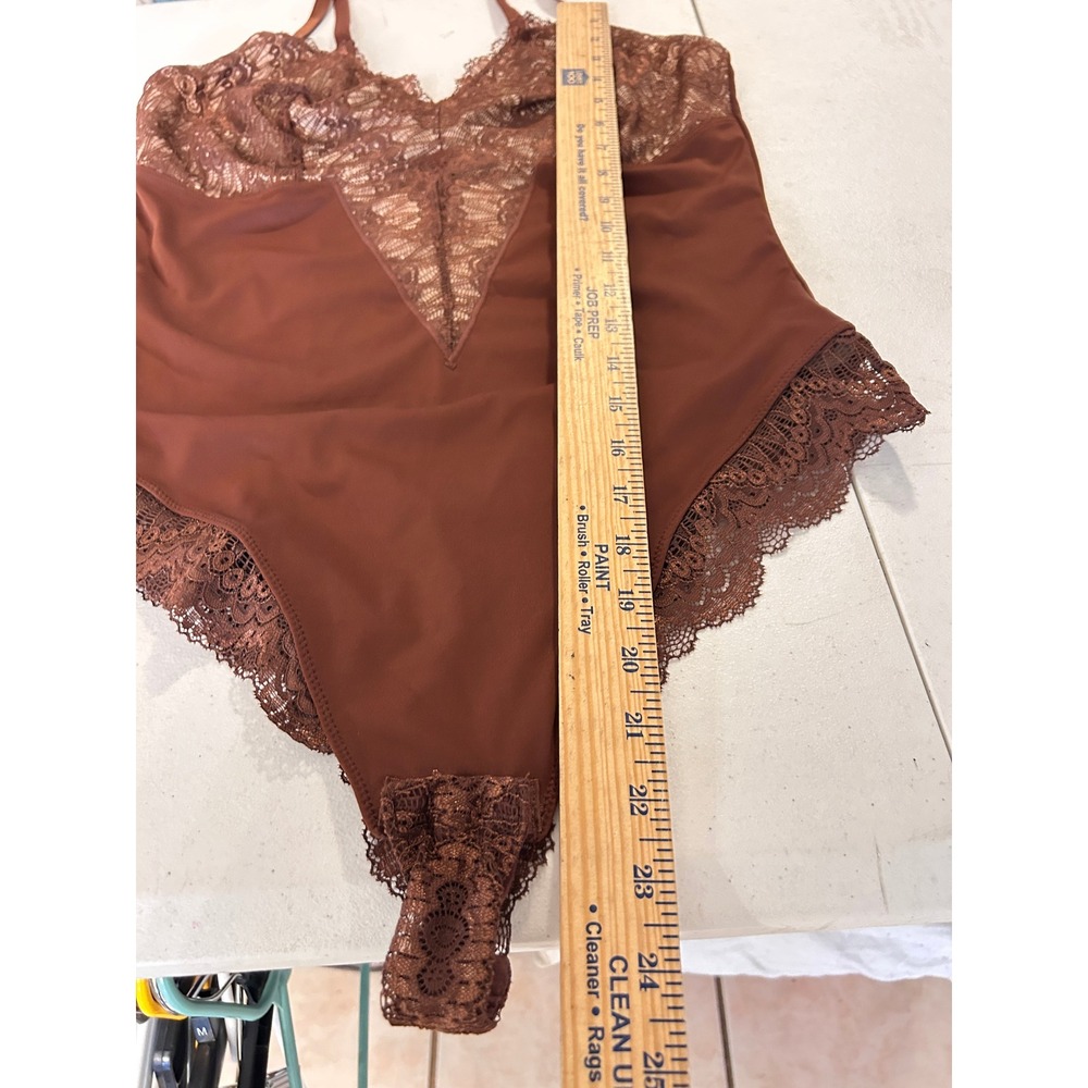 Brown Lace Trim V-Neck Bodysuit Adjustable Straps XXL Thong Back Stretch - Picture 4 of 5